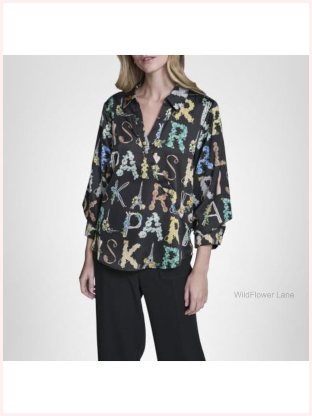 Karl Lagerfeld Women's 3/4 Sleeve Collar Button Down Blouse